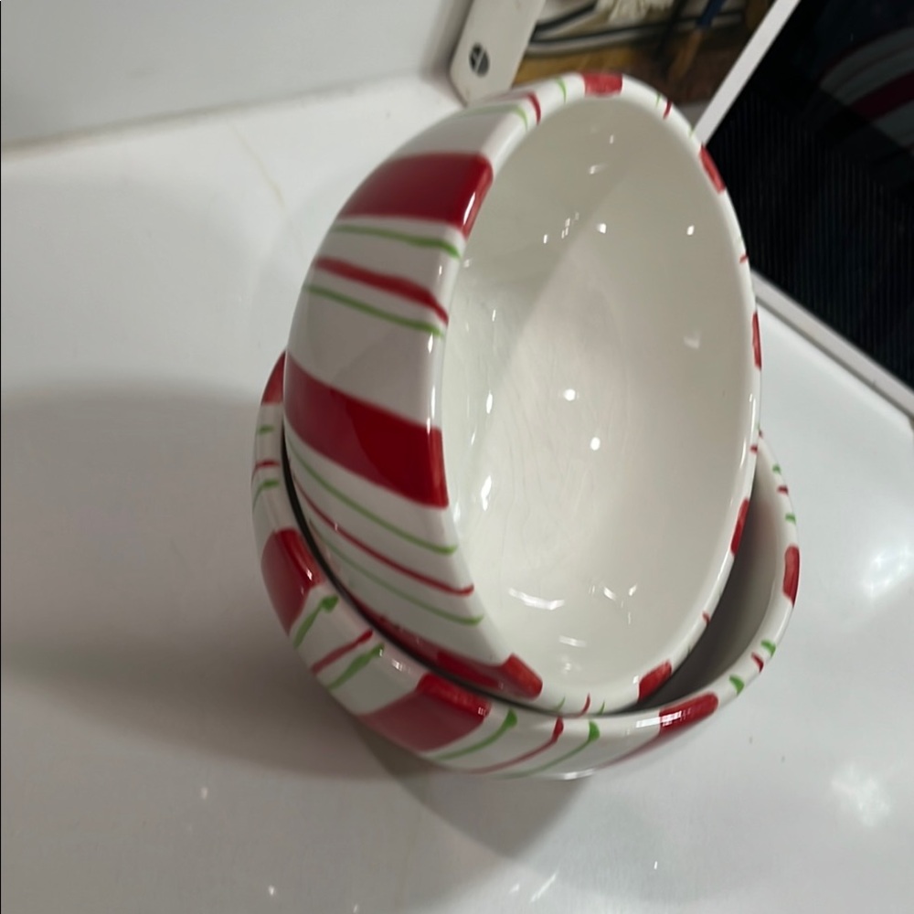 2- candy cane striped 5.50” round bowls for serving Microwave / dishwasher safe